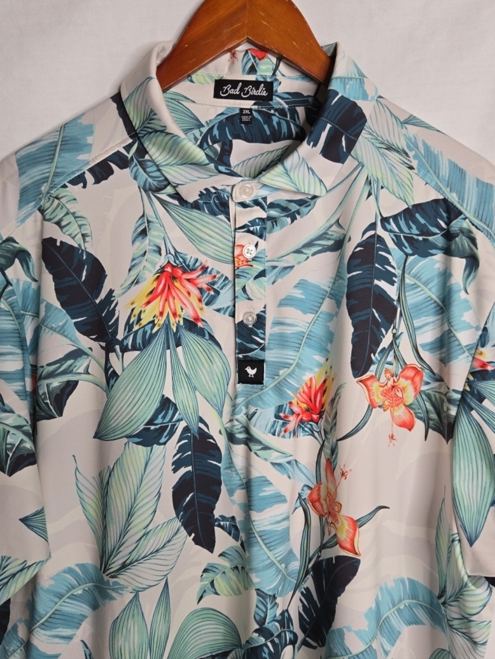 Bad Birdie Men's Tropical Floral Polo - Teal, Navy & Orange Accents Mens XXL
